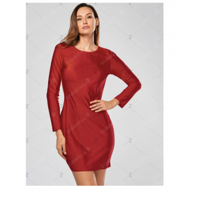 Alluring Scoop Collar Solid Color Backless Long Sleeves Bodycon Dress - Red